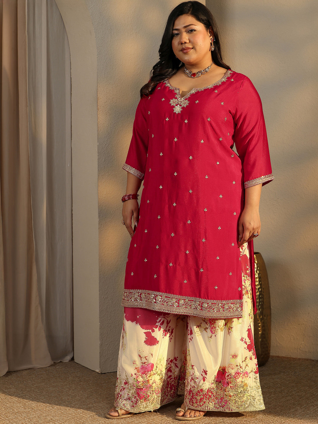  Plus Size Red Embroidered Chinon Straight Suit Set With Dupatta 