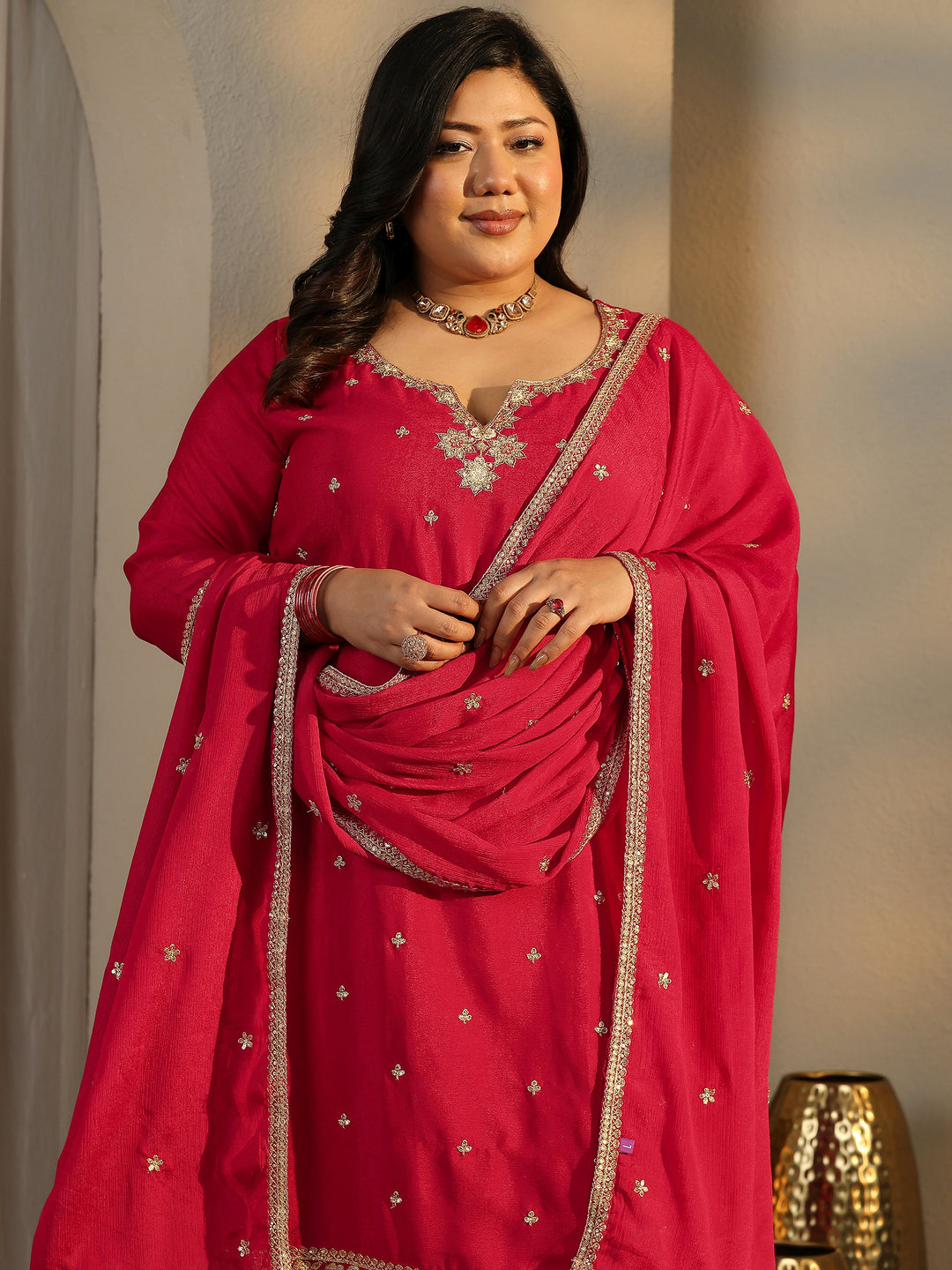  Plus Size Red Embroidered Chinon Straight Suit Set With Dupatta 