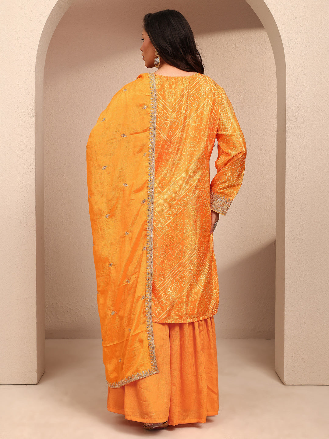  Plus Size Mustard Bandhani Bandhani Print Plus Size Clothing Chinon Straight Suit Set With Dupatta 