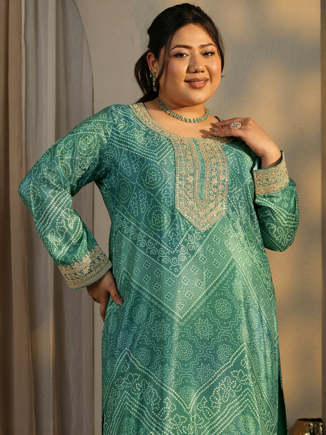  Plus Size Bandhani Printed Chinon Straight Suit Set With Dupatta 