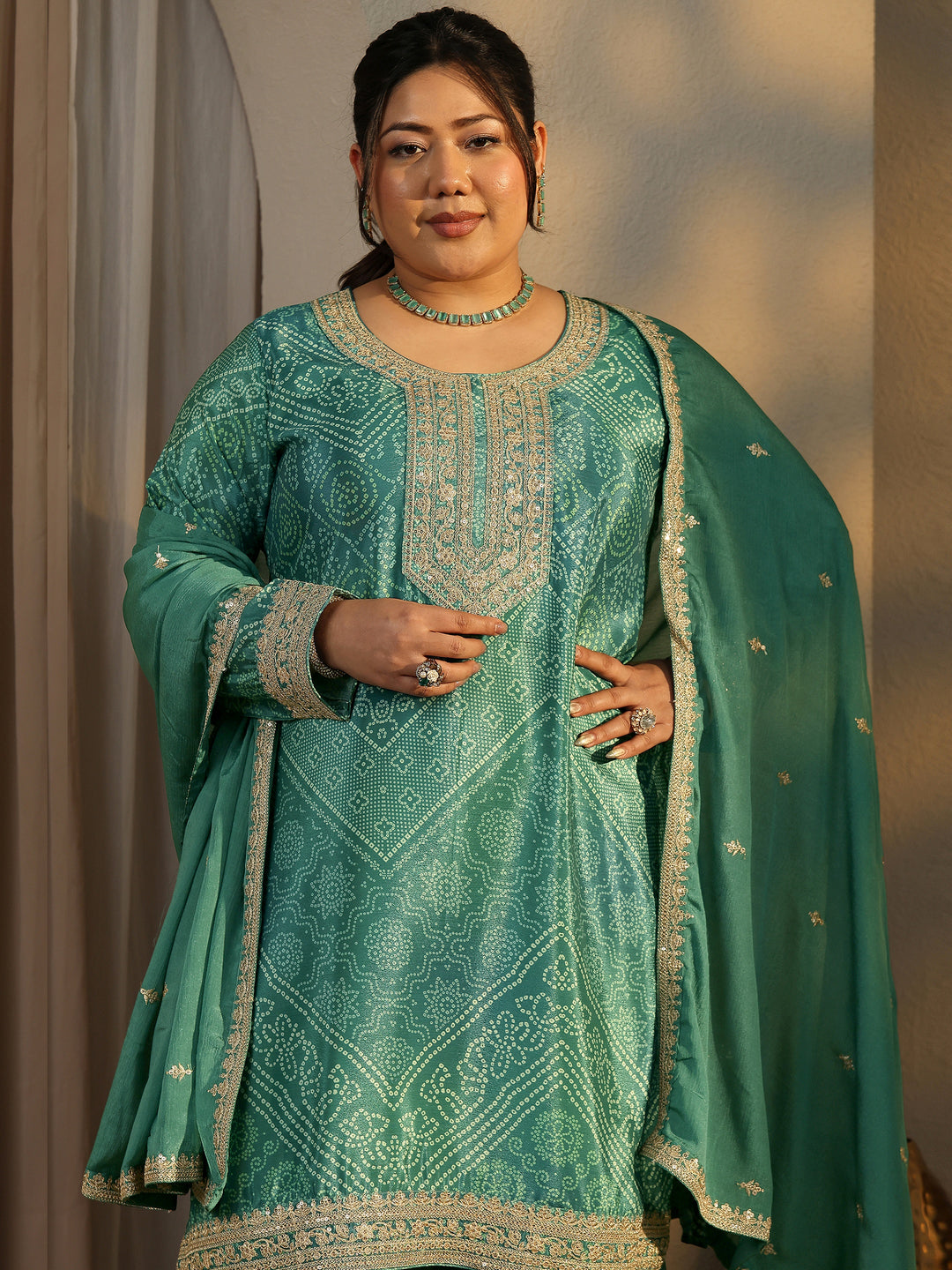  Plus Size Bandhani Printed Chinon Straight Suit Set With Dupatta 