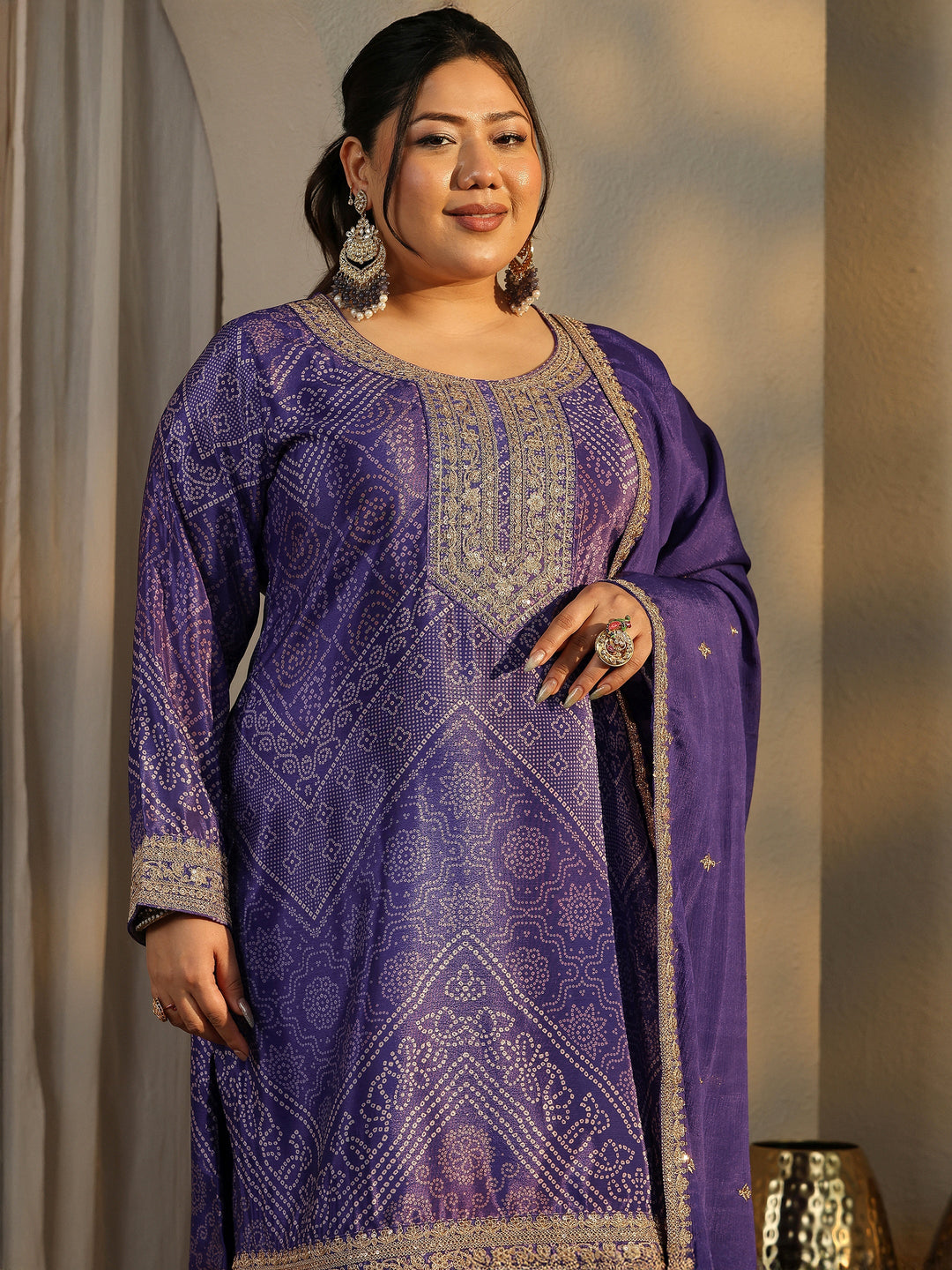  Plus Size Bandhani Printed Chinon Straight Suit Set With Dupatta 