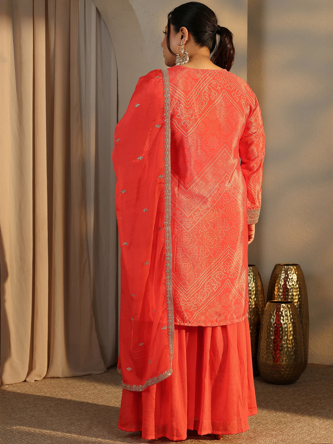  Plus Size Bandhani Printed Chinon Straight Suit Set With Dupatta 