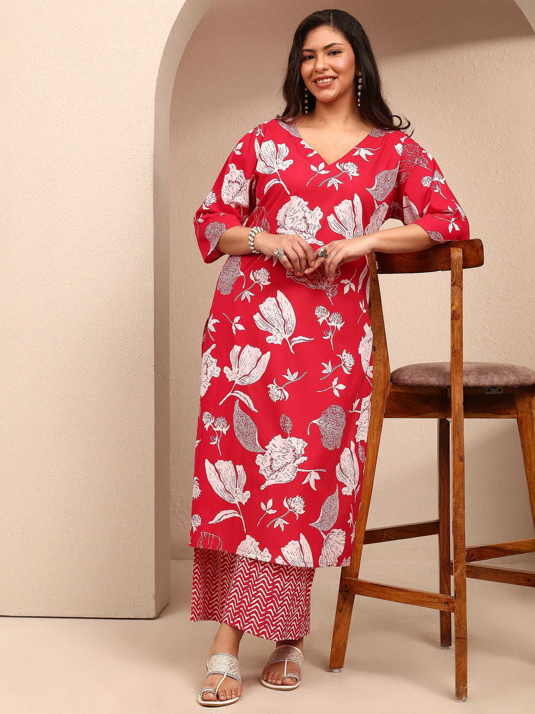  Plus Size Red Floral Plus Size Clothing Cotton Straight Kurta Set 