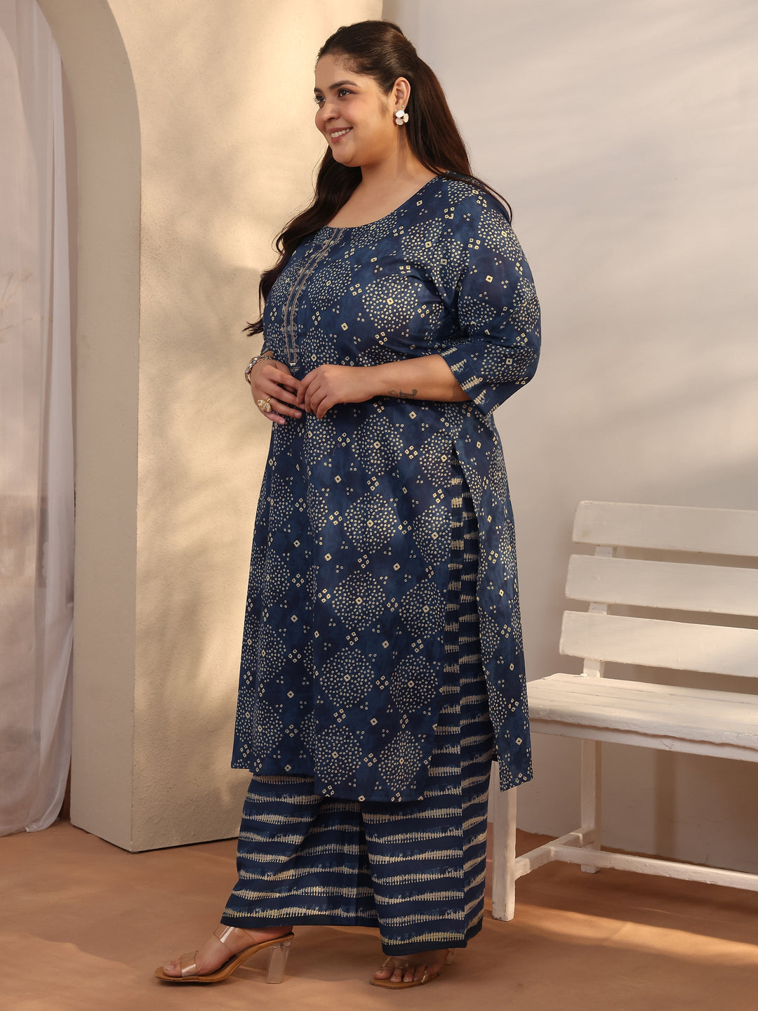  Plus Size Blue Bandhani Printed Cotton Straight Kurta Set 
