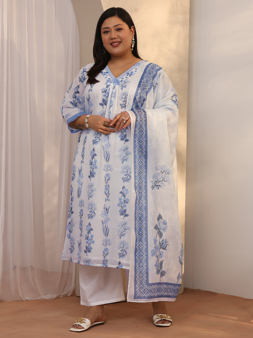  Plus Size White Printed Kota Straight Suit Set With Dupatta 