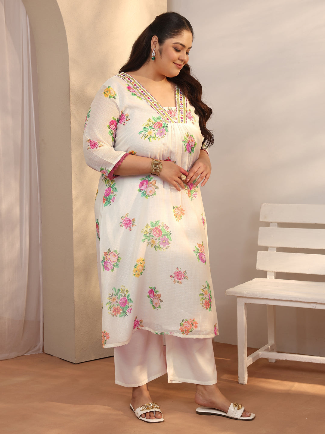  Plus Size White Printed Kota Straight Suit Set With Dupatta 