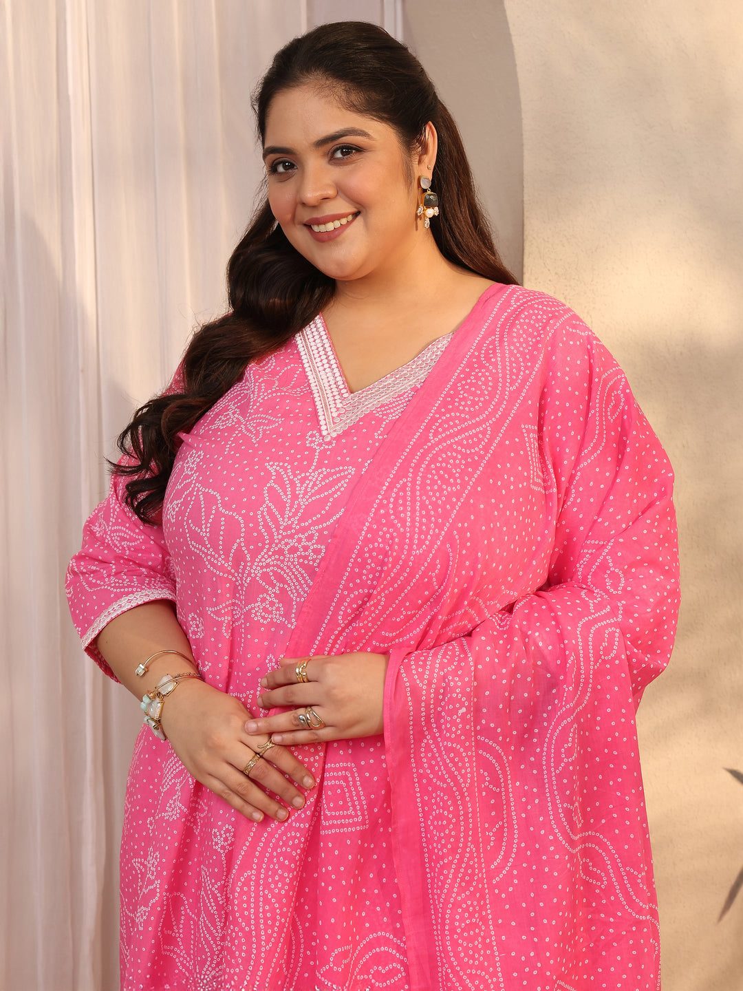  Plus Size Pink Bandhani Printed Cotton Straight Suit Set With Dupatta 