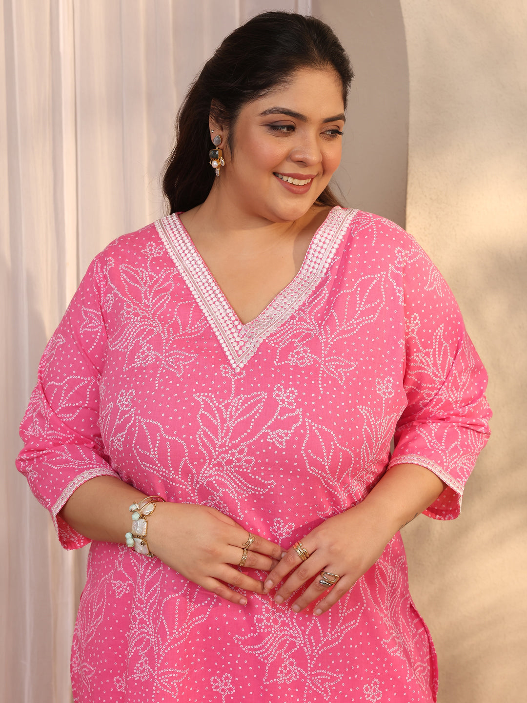  Plus Size Pink Bandhani Printed Cotton Straight Suit Set With Dupatta 