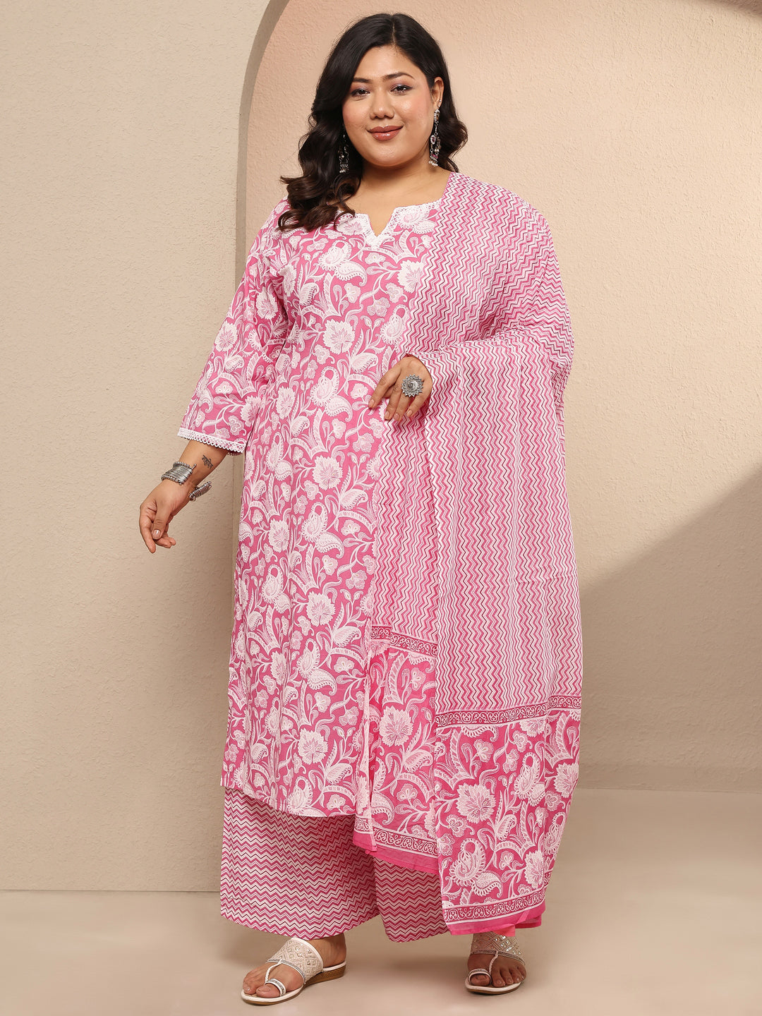  Plus Size Pink Printed Cotton Straight Suit Set With Dupatta 