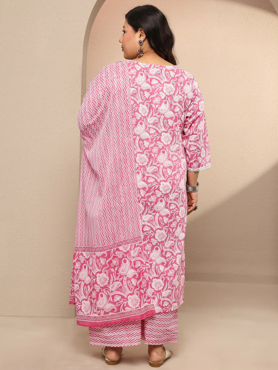  Plus Size Pink Printed Cotton Straight Suit Set With Dupatta 