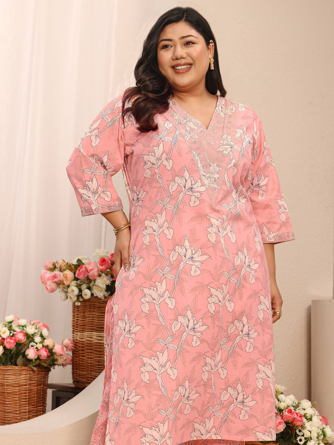  Plus Size Peach Printed Cotton Suit Set With Dupatta 