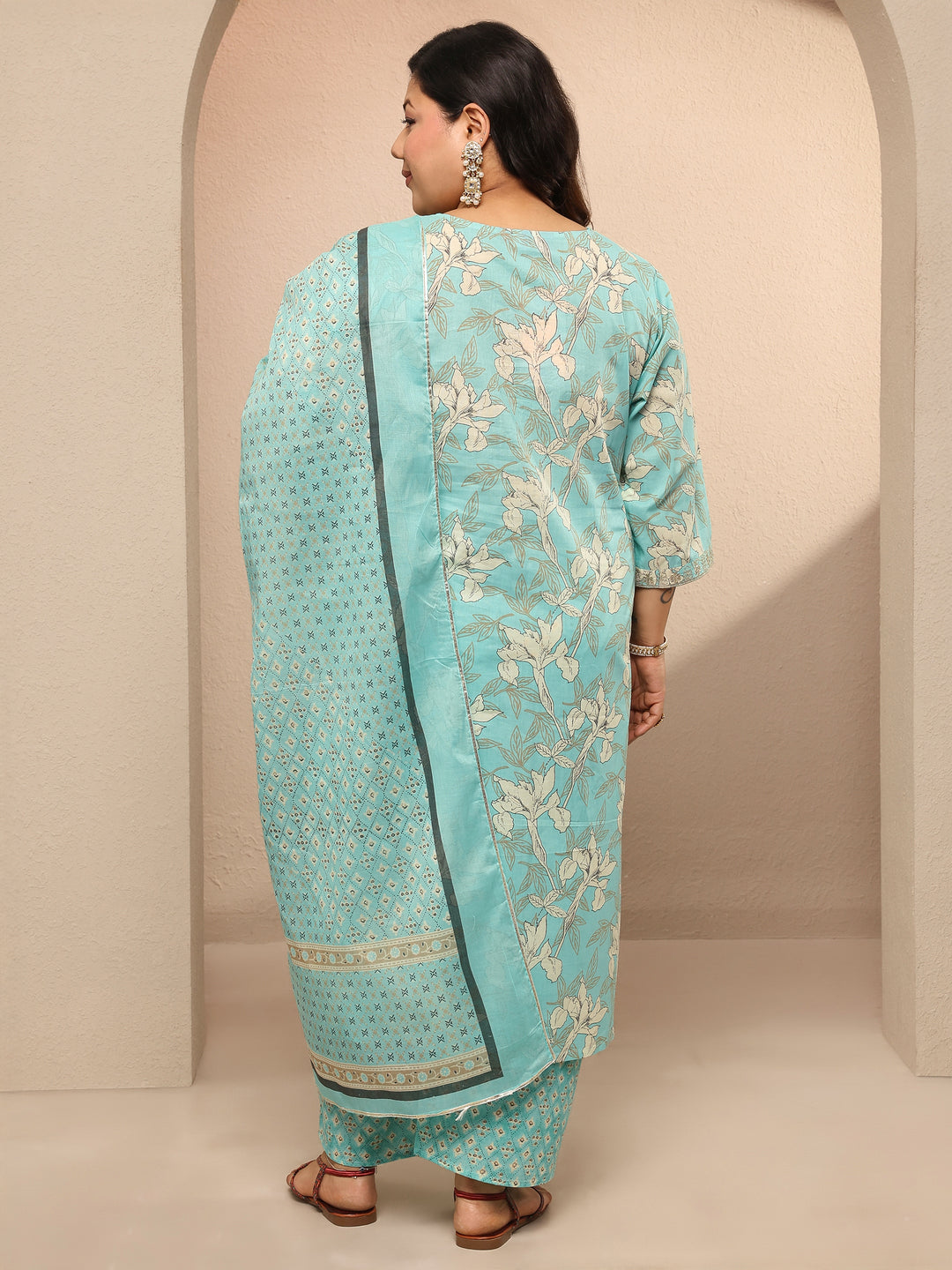  Plus Size Blue Printed Cotton Suit Set With Dupatta 