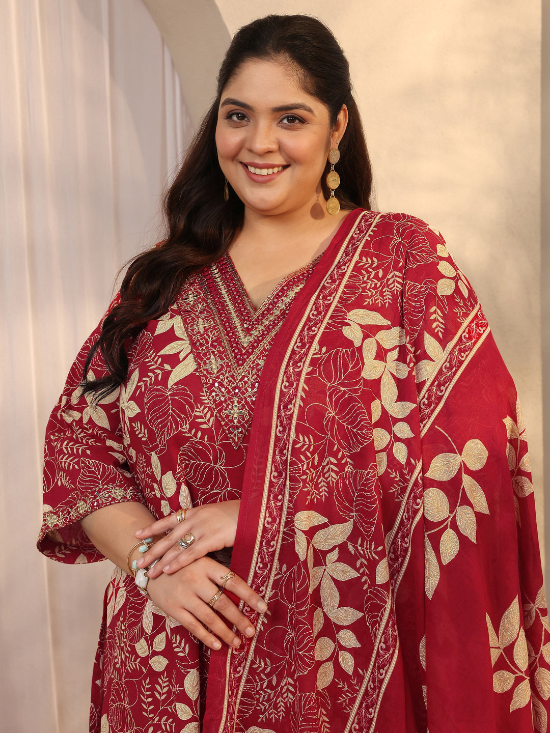  Plus Size Red Printed Cotton Straight Suit Set With Dupatta 