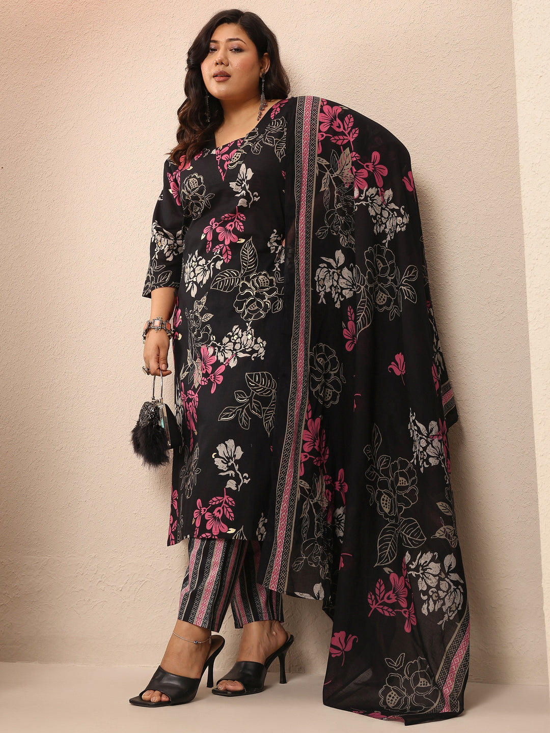  Plus Size Black Printed Cotton Straight Suit Set With Dupatta 