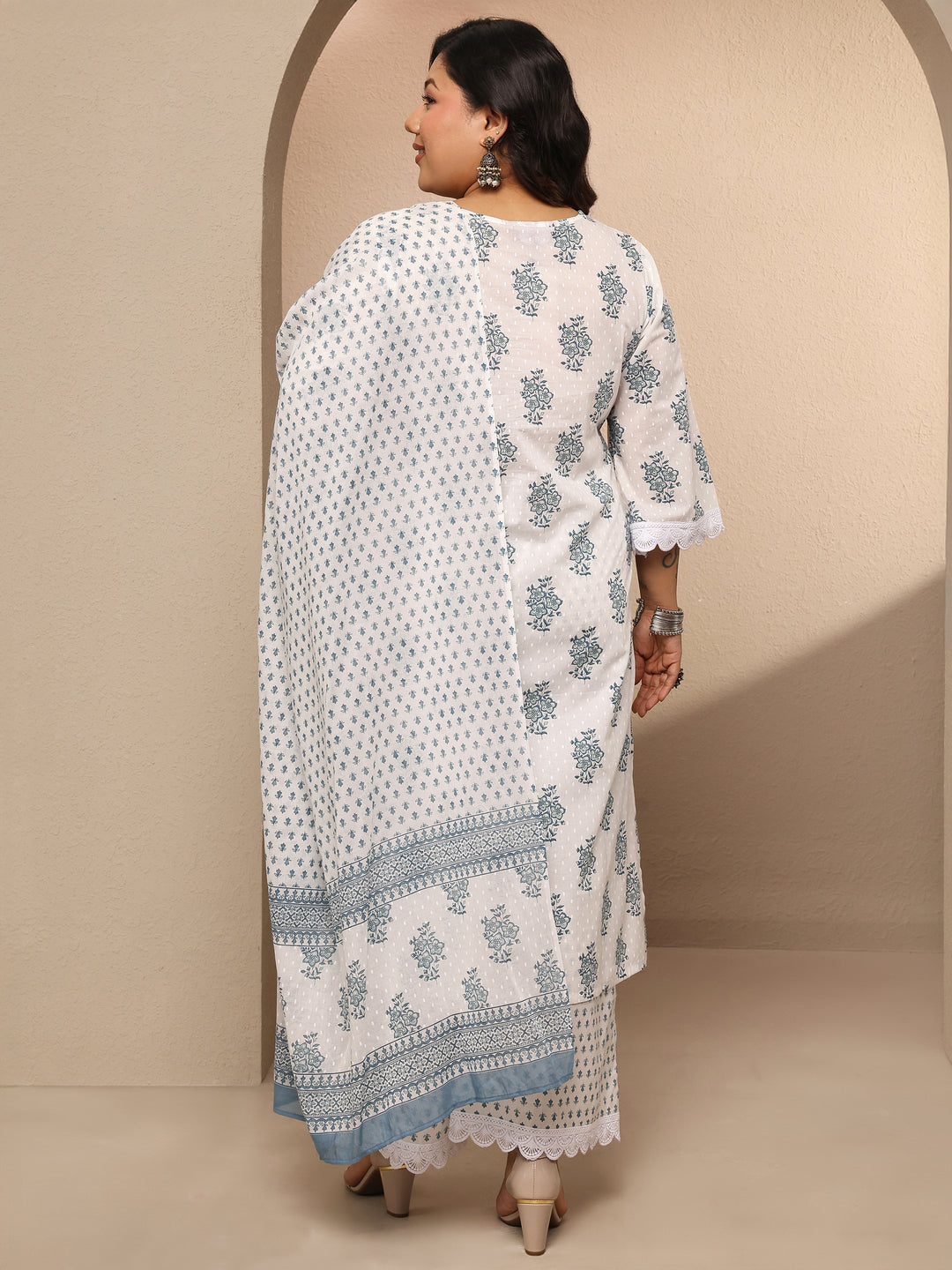  Plus Size Off White Printed Cotton Suit Set With Dupatta 