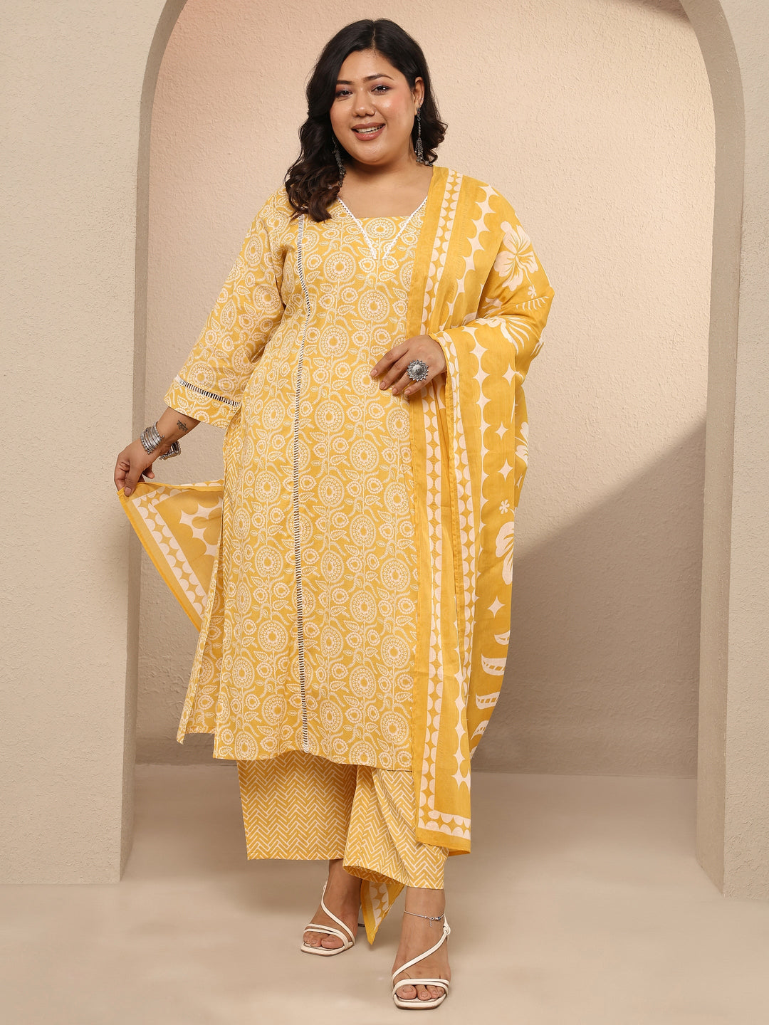 Plus Size Yellow Printed Cotton Straight Suit Set With Dupatta