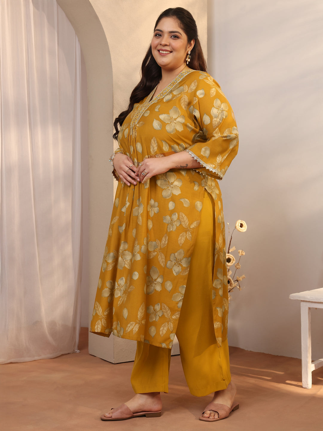  Plus Size Mustard Printed Silk blend Straight Suit Set With Dupatta 