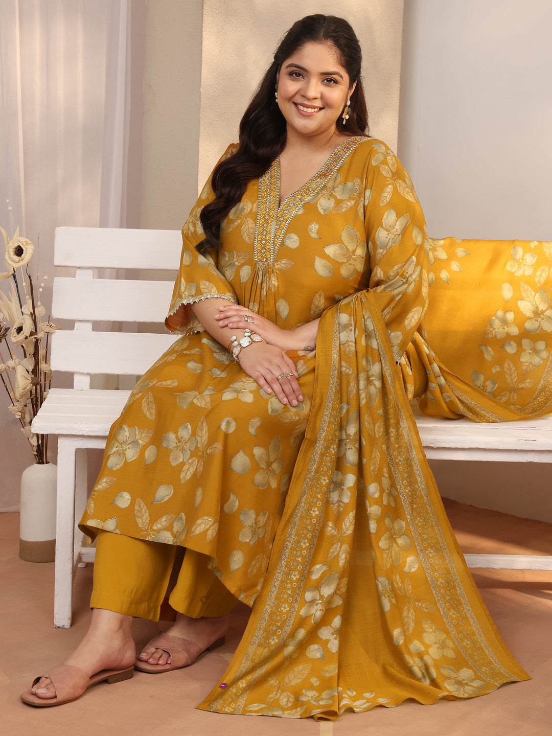 Plus Size Mustard Printed Silk blend Straight Suit Set With Dupatta
