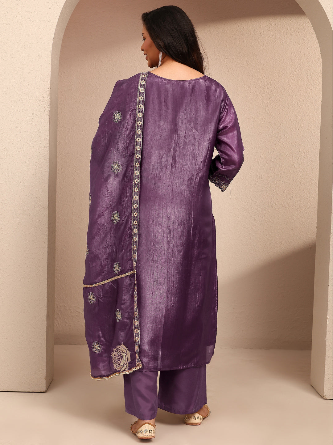 Plus Size Purple Embroidered Organza Straight Suit Set With Dupatta 