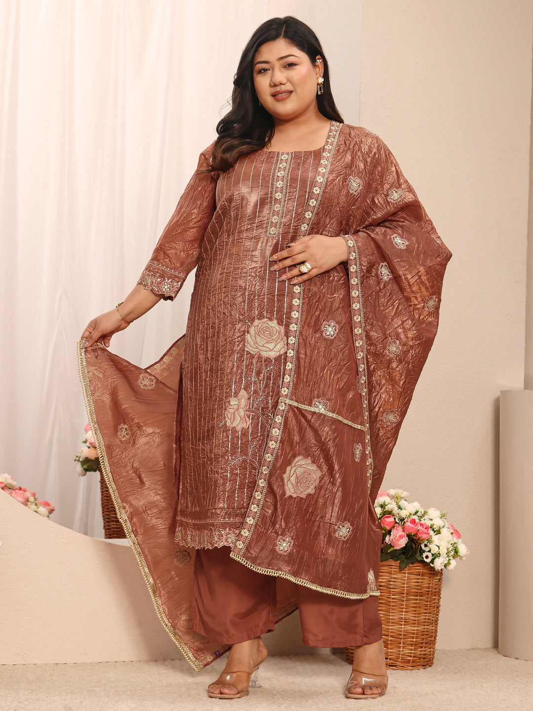  Plus Size Rust Embroidered Plus Size Clothing Organza Straight Suit Set With Dupatta 