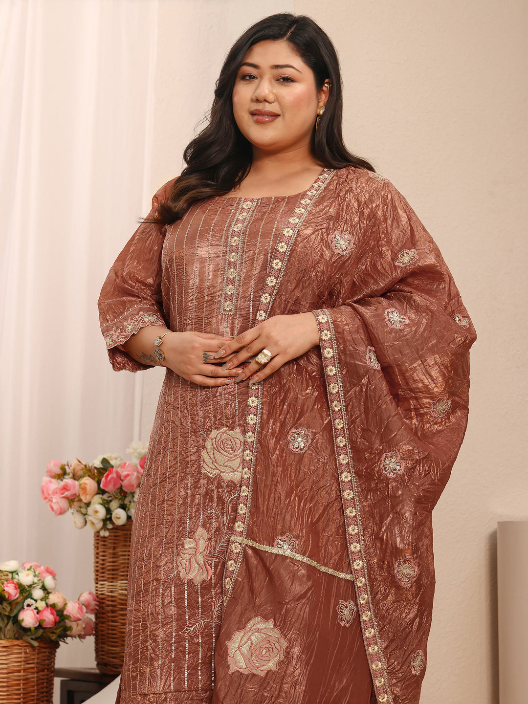  Plus Size Rust Embroidered Plus Size Clothing Organza Straight Suit Set With Dupatta 