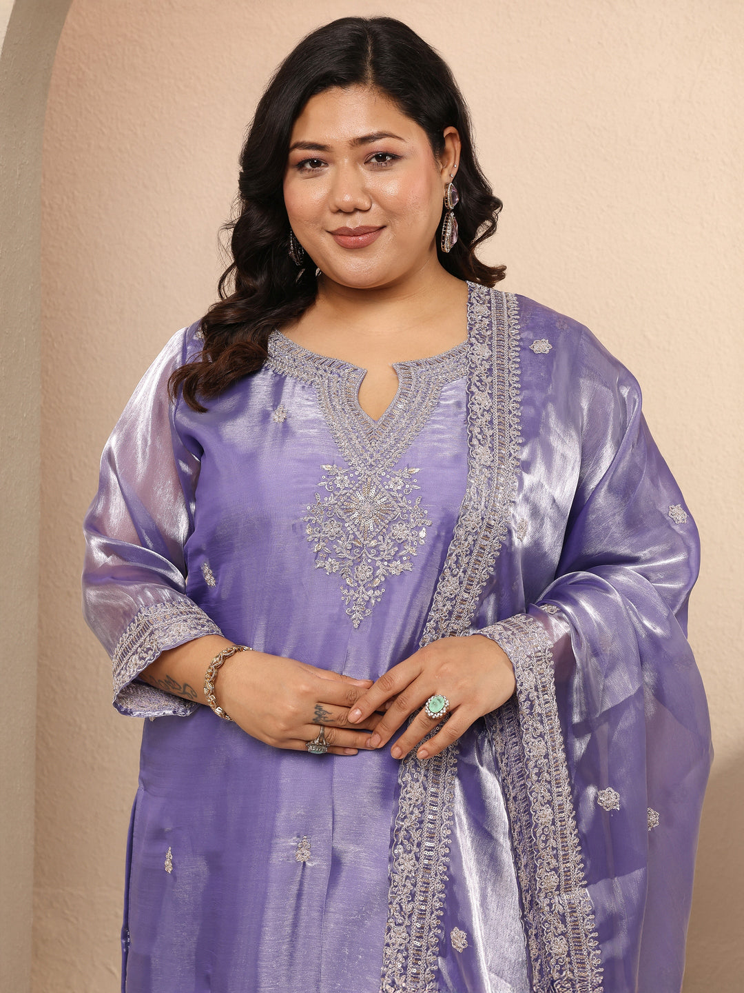  Plus Size Lavender Embroidered Organza Straight Suit Set With Dupatta 