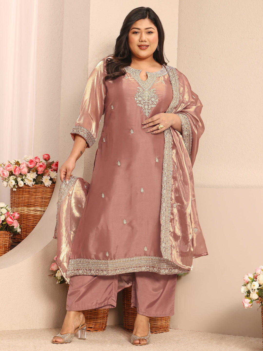  Plus Size Pink Embroidered Organza Straight Suit Set With Dupatta 