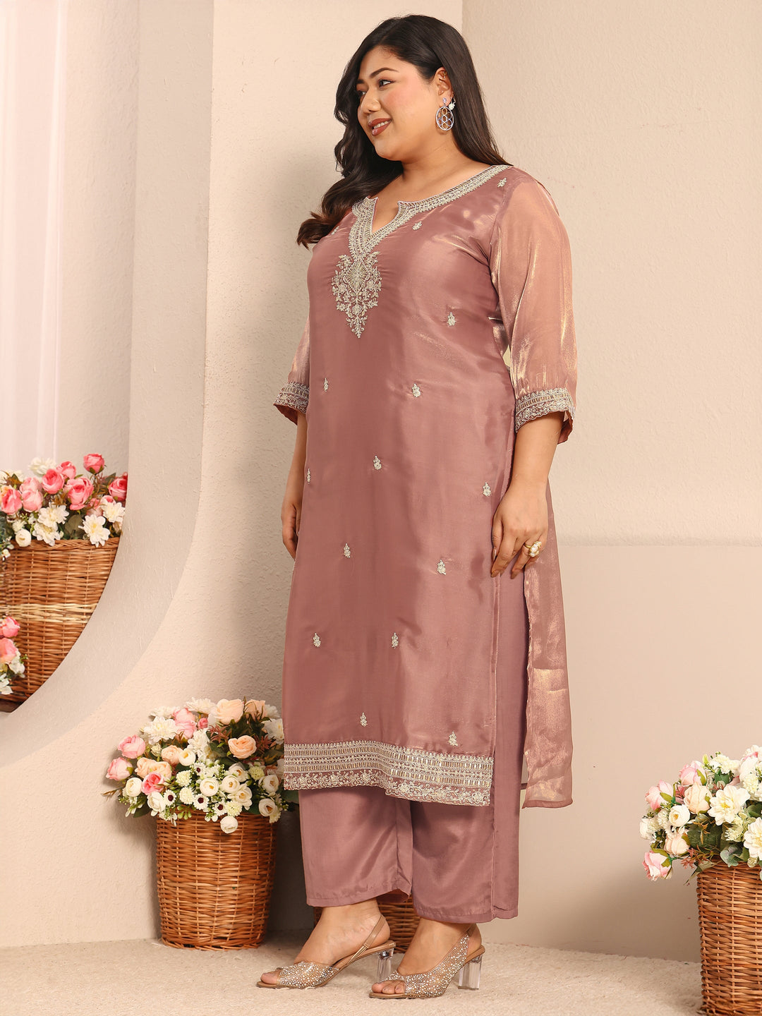 Plus Size Pink Embroidered Organza Straight Suit Set With Dupatta 
