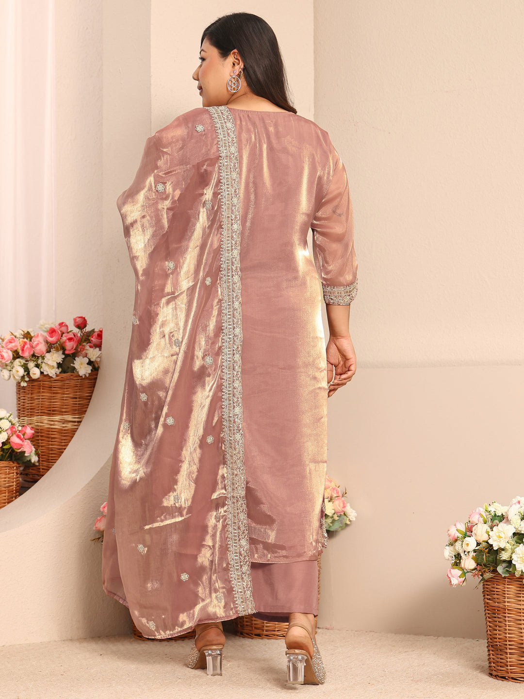  Plus Size Pink Embroidered Organza Straight Suit Set With Dupatta 
