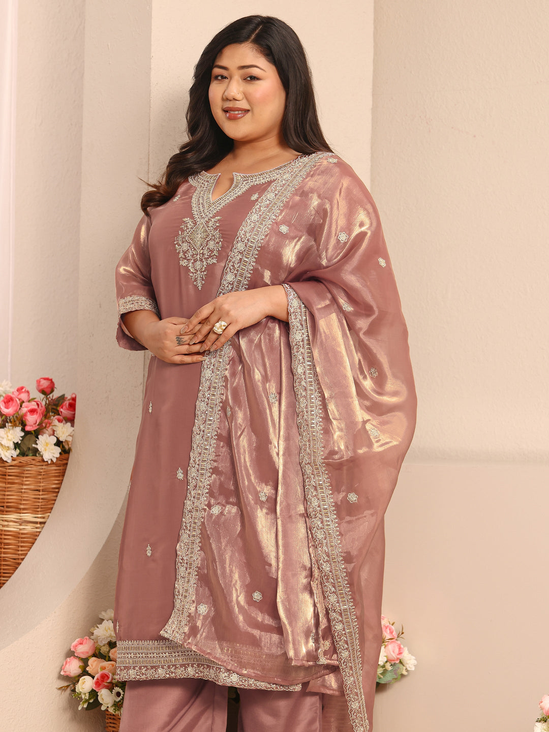  Plus Size Pink Embroidered Organza Straight Suit Set With Dupatta 