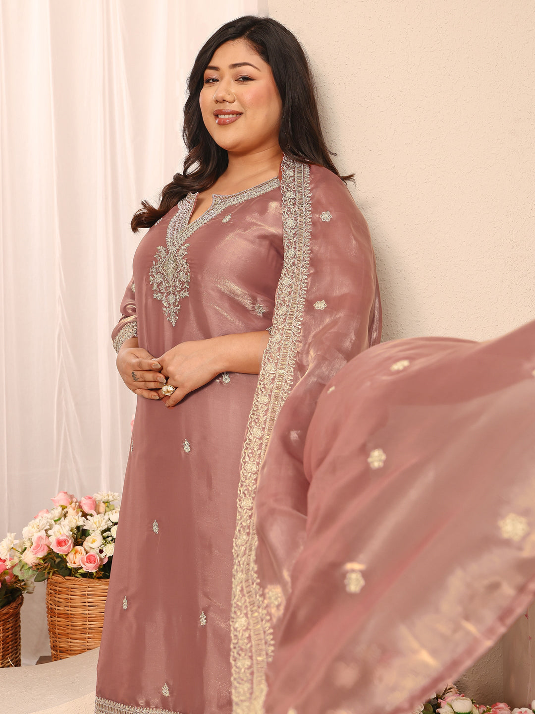 Plus Size Pink Embroidered Organza Straight Suit Set With Dupatta 