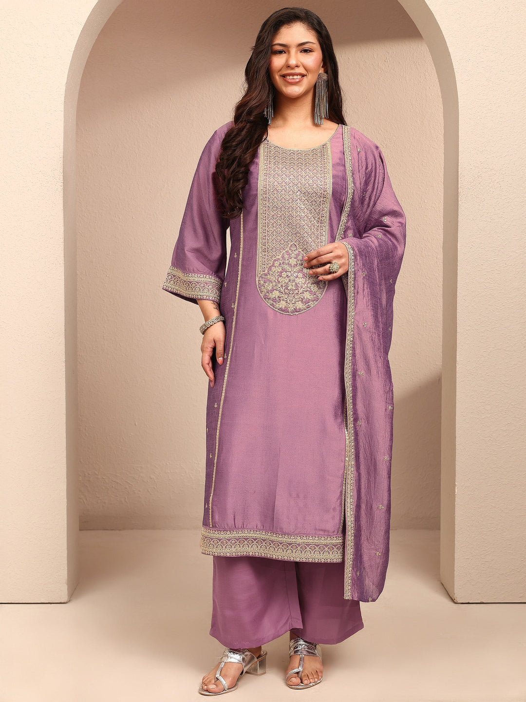  Plus Size Lavender Embroidered Plus Size Clothing Silk Blend Straight Suit Set With Dupatta 