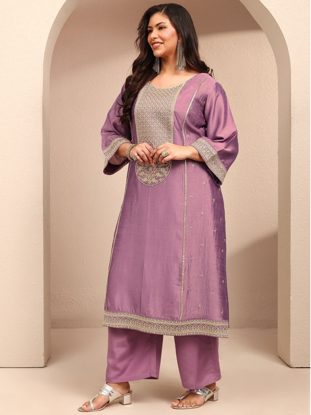  Plus Size Lavender Embroidered Plus Size Clothing Silk Blend Straight Suit Set With Dupatta 