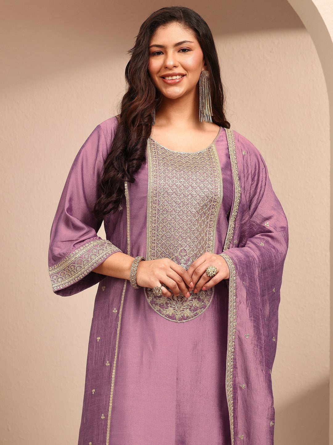  Plus Size Lavender Embroidered Plus Size Clothing Silk Blend Straight Suit Set With Dupatta 