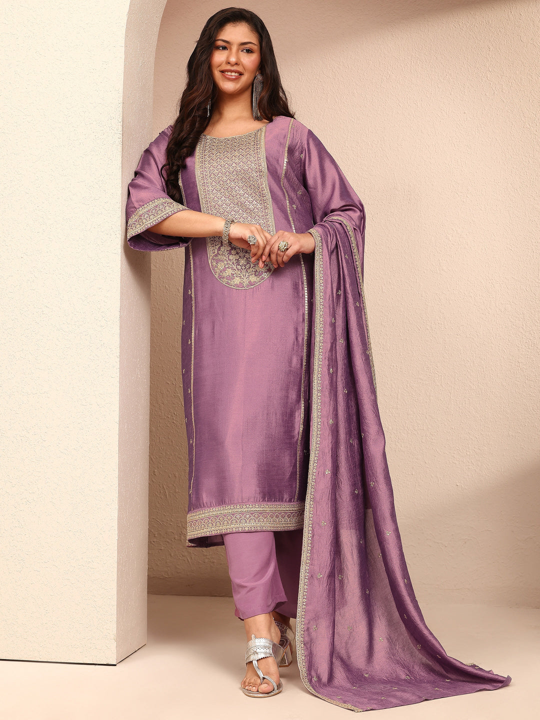  Plus Size Lavender Embroidered Plus Size Clothing Silk Blend Straight Suit Set With Dupatta 