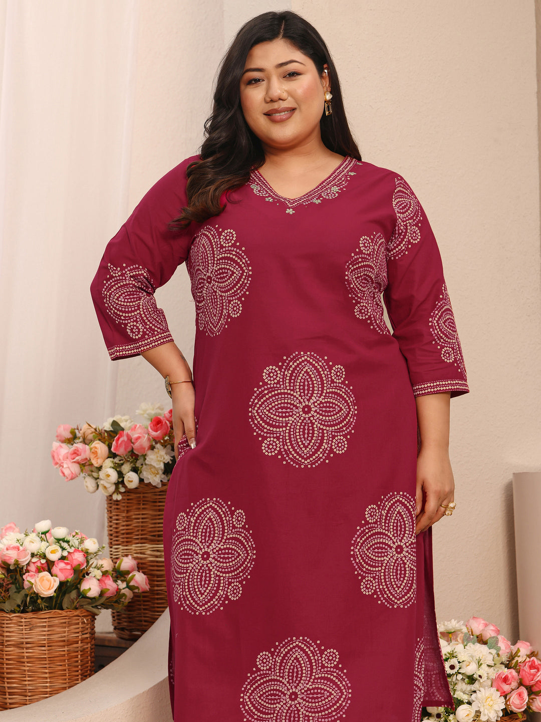 Plus Size Bandhani Printed Cotton Straight Suit Set With Dupatta 