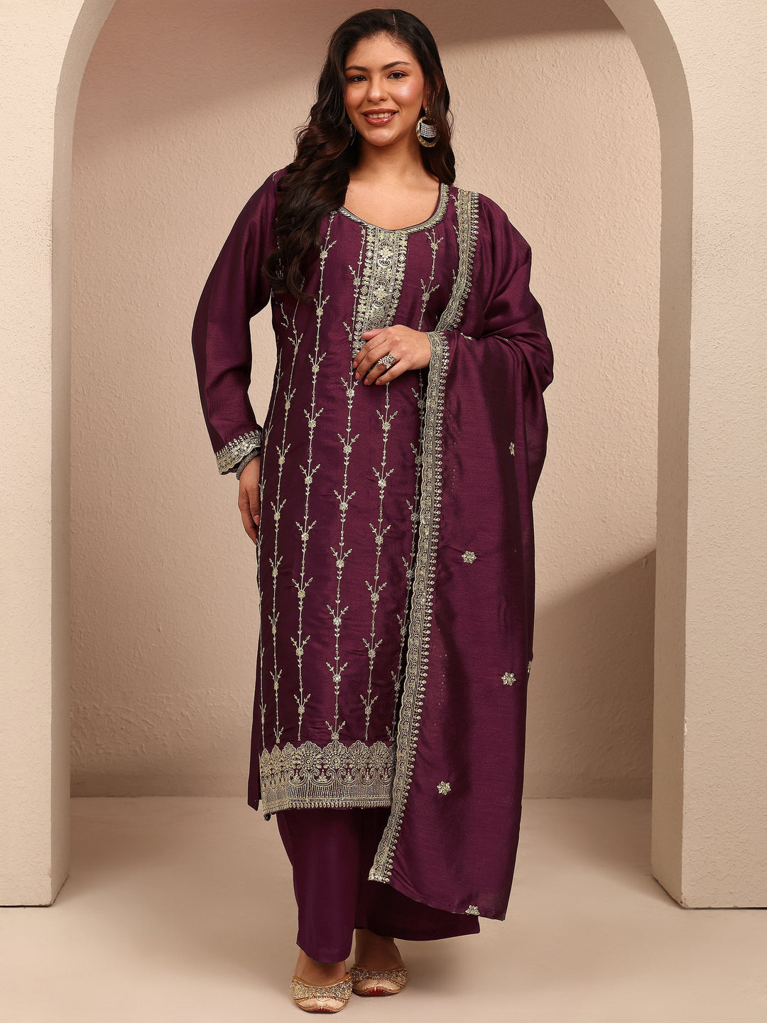  Plus Size Burgundy Embroidered Plus Size Clothing Silk Blend Straight Suit Set With Dupatta 