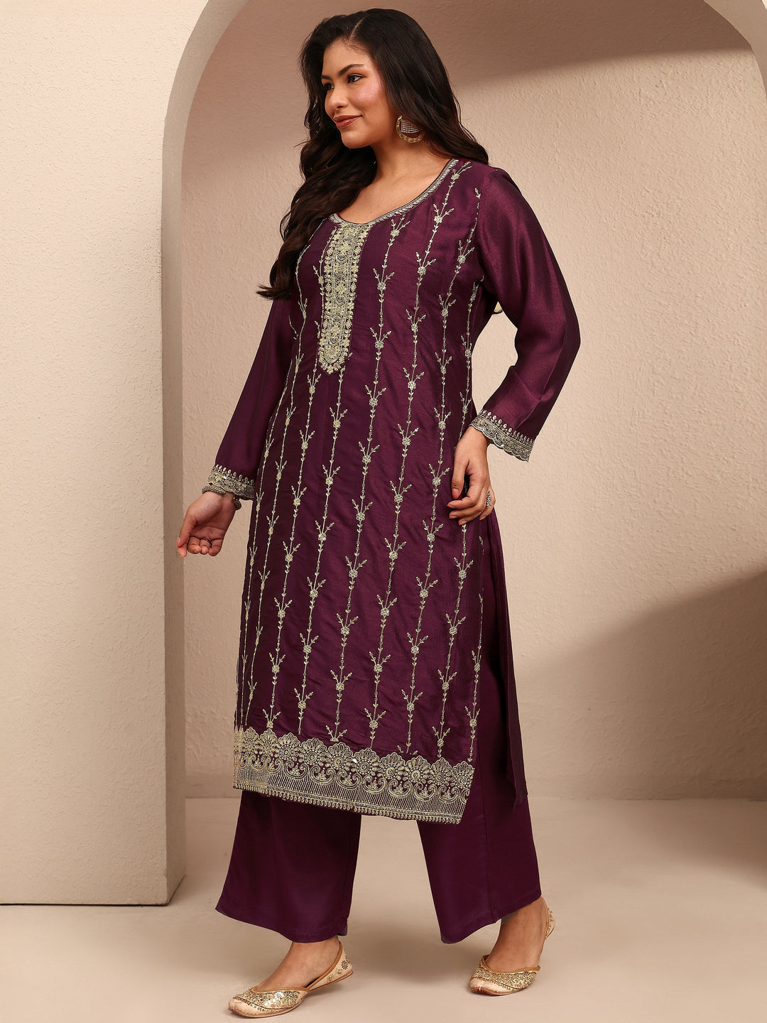  Plus Size Burgundy Embroidered Plus Size Clothing Silk Blend Straight Suit Set With Dupatta 