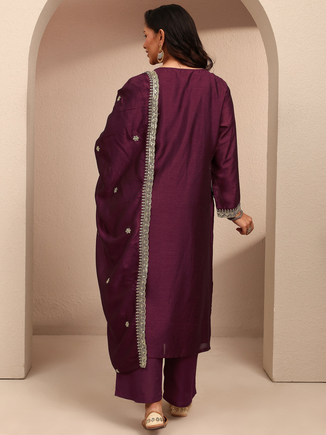  Plus Size Burgundy Embroidered Plus Size Clothing Silk Blend Straight Suit Set With Dupatta 