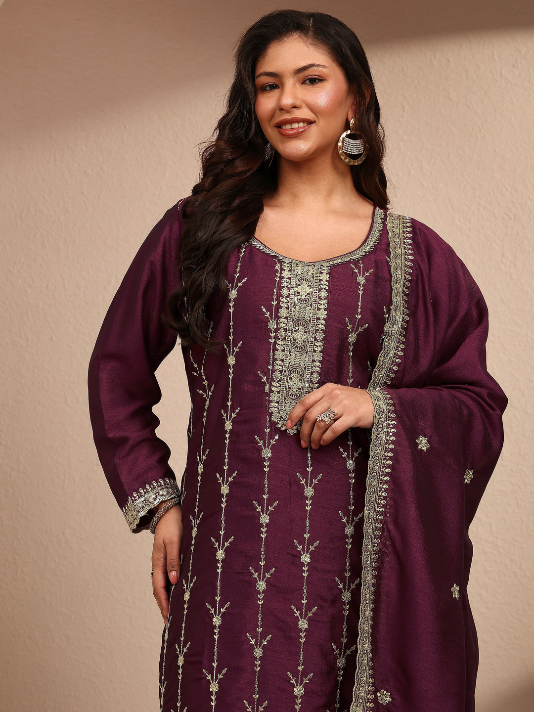  Plus Size Burgundy Embroidered Plus Size Clothing Silk Blend Straight Suit Set With Dupatta 