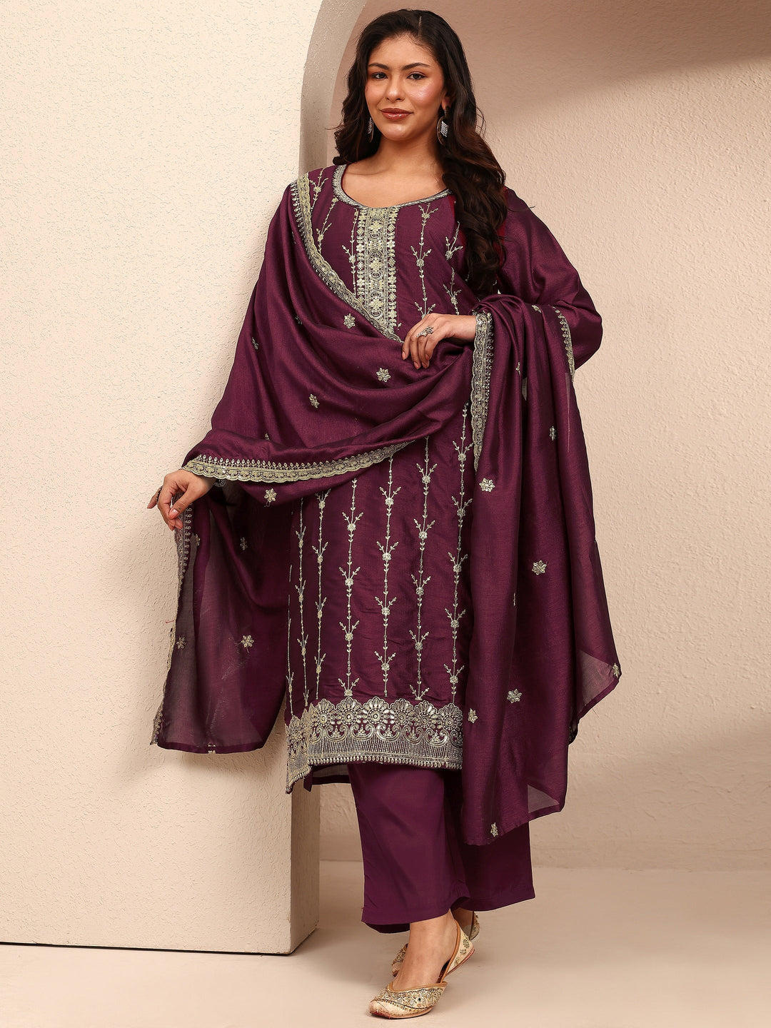  Plus Size Burgundy Embroidered Plus Size Clothing Silk Blend Straight Suit Set With Dupatta 