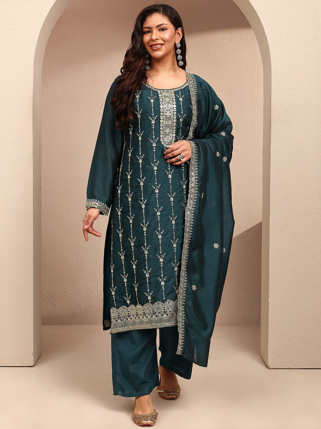  Plus Size Teal Embroidered Plus Size Clothing Silk Blend Straight Suit Set With Dupatta 