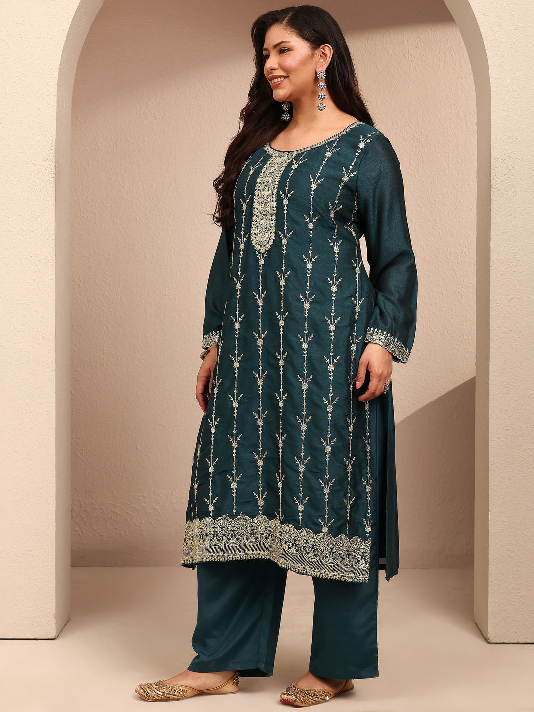  Plus Size Teal Embroidered Plus Size Clothing Silk Blend Straight Suit Set With Dupatta 