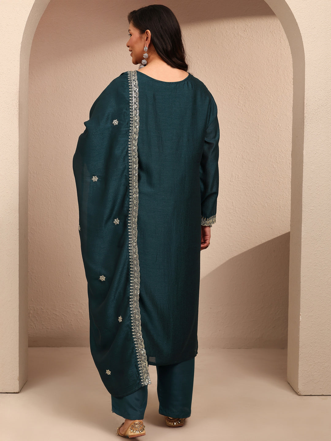  Plus Size Teal Embroidered Plus Size Clothing Silk Blend Straight Suit Set With Dupatta 
