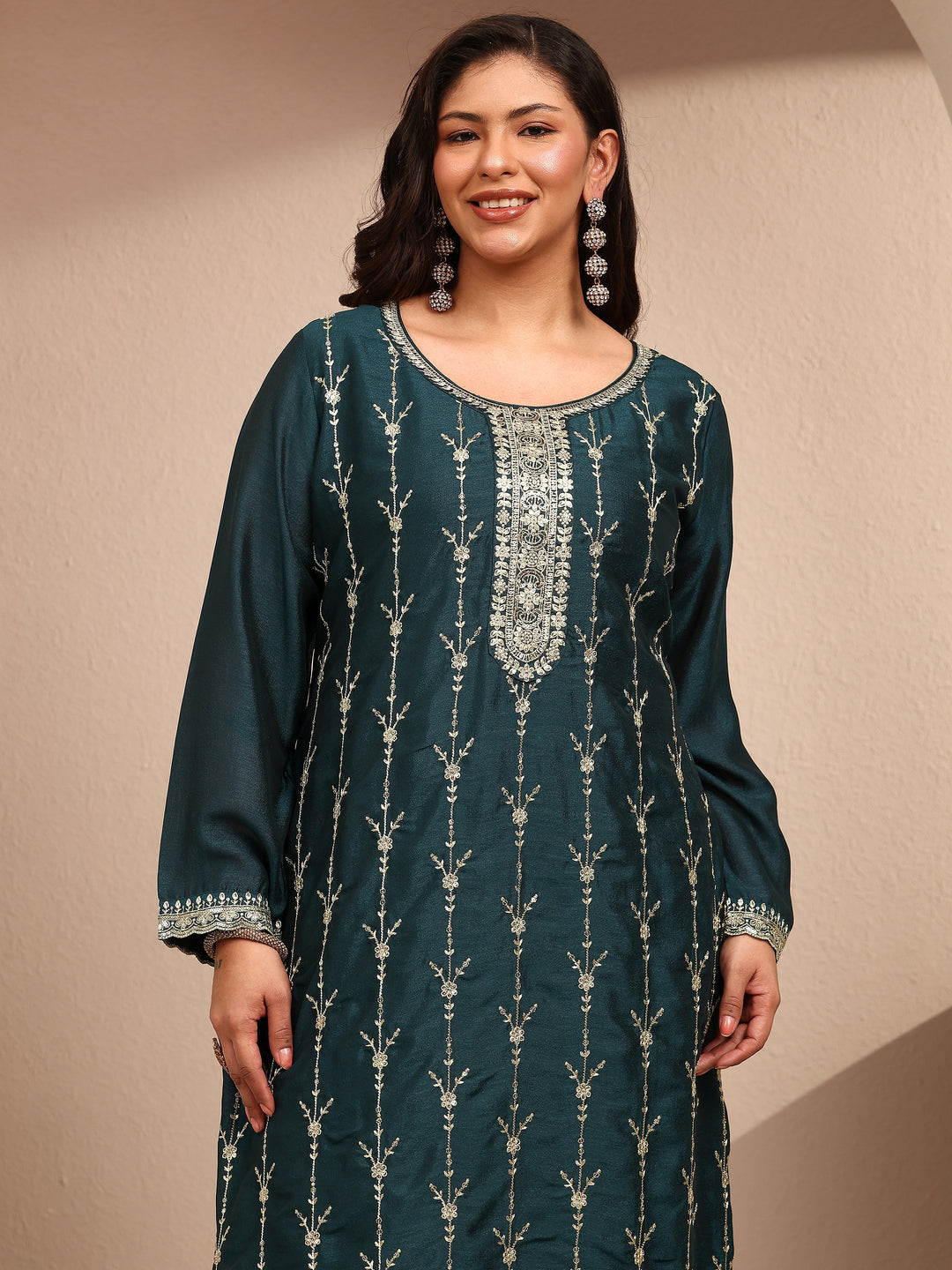  Plus Size Teal Embroidered Plus Size Clothing Silk Blend Straight Suit Set With Dupatta 