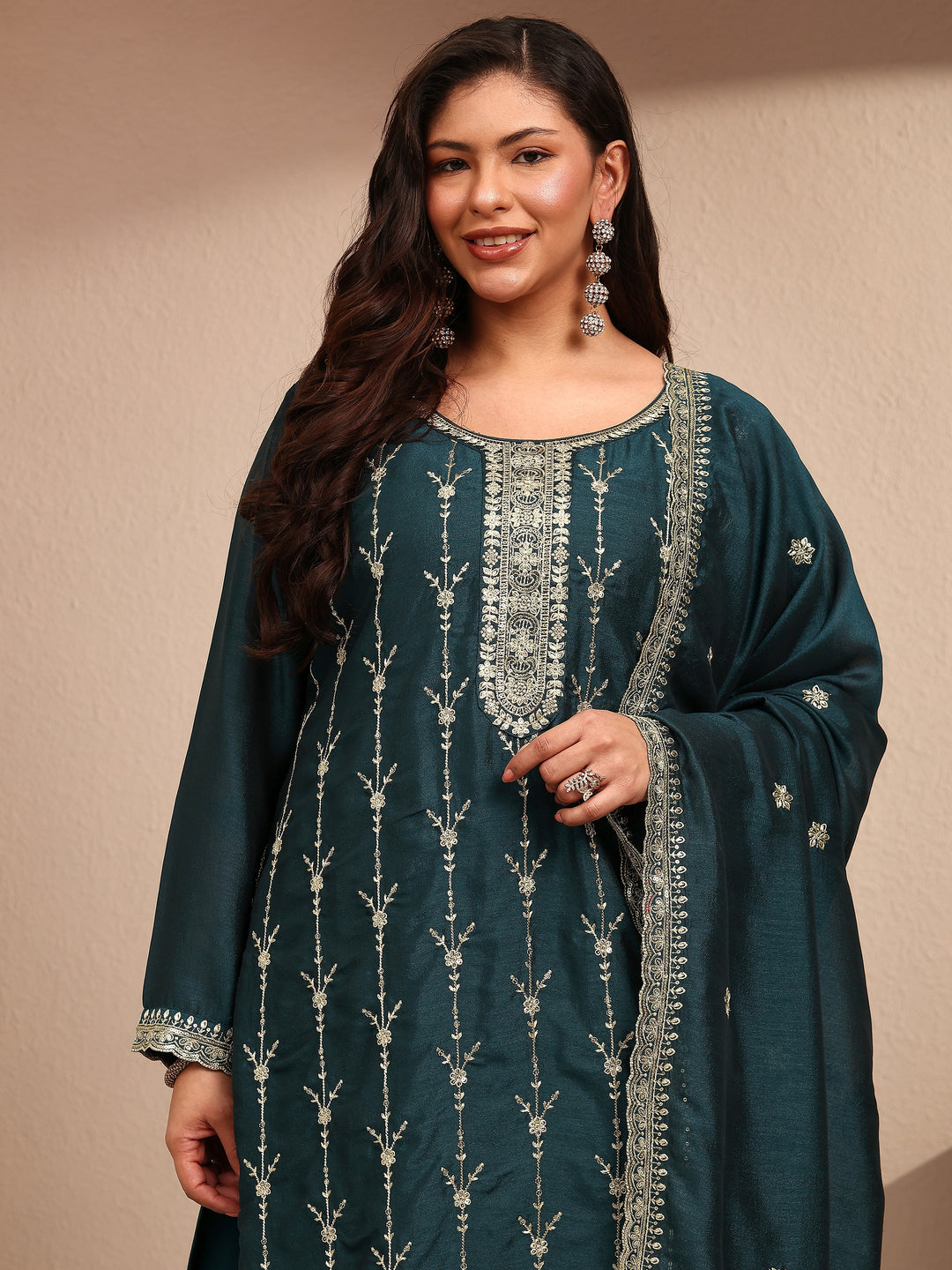  Plus Size Teal Embroidered Plus Size Clothing Silk Blend Straight Suit Set With Dupatta 