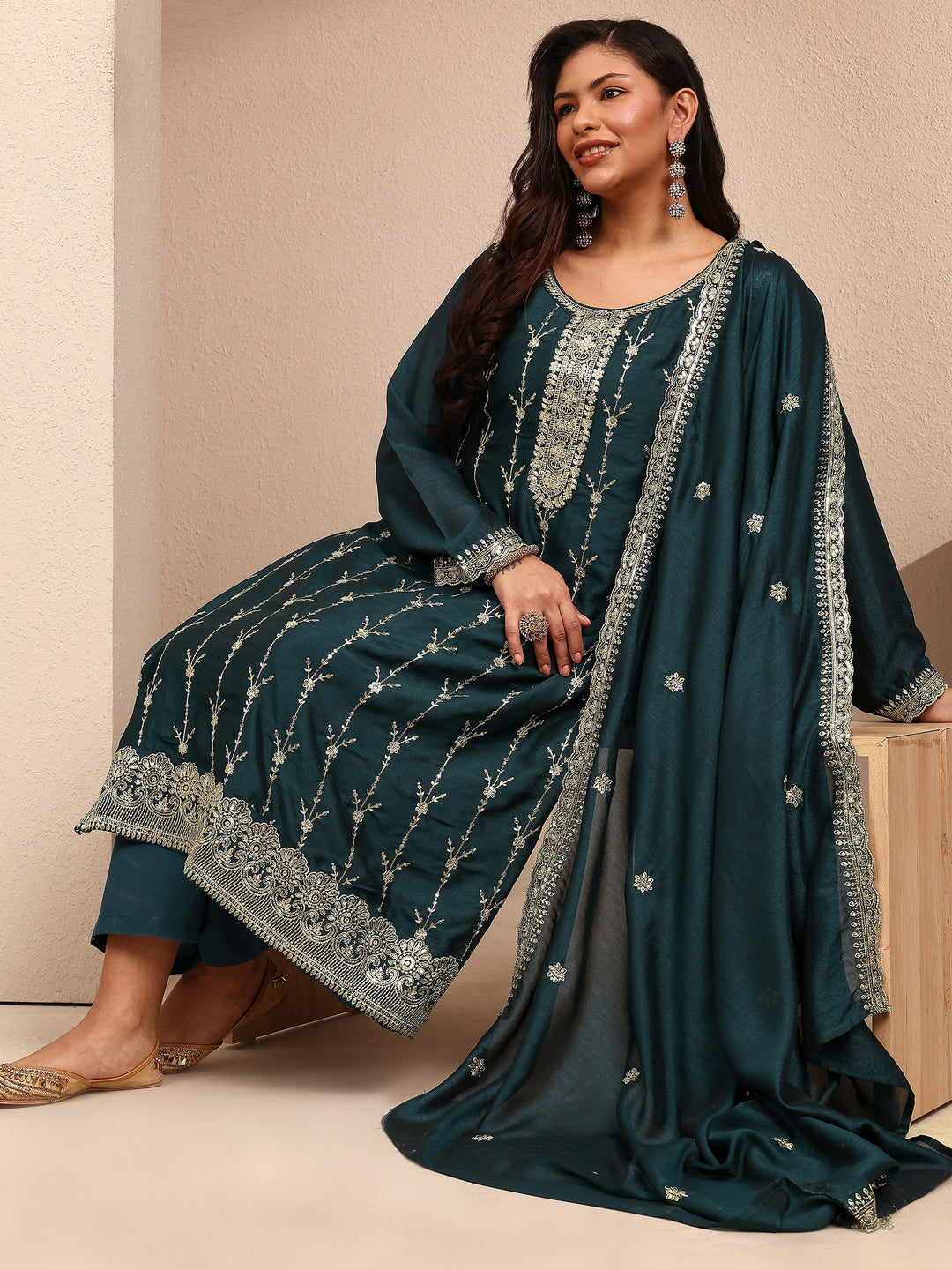 Plus Size Teal Embroidered Plus Size Clothing Silk Blend Straight Suit Set With Dupatta