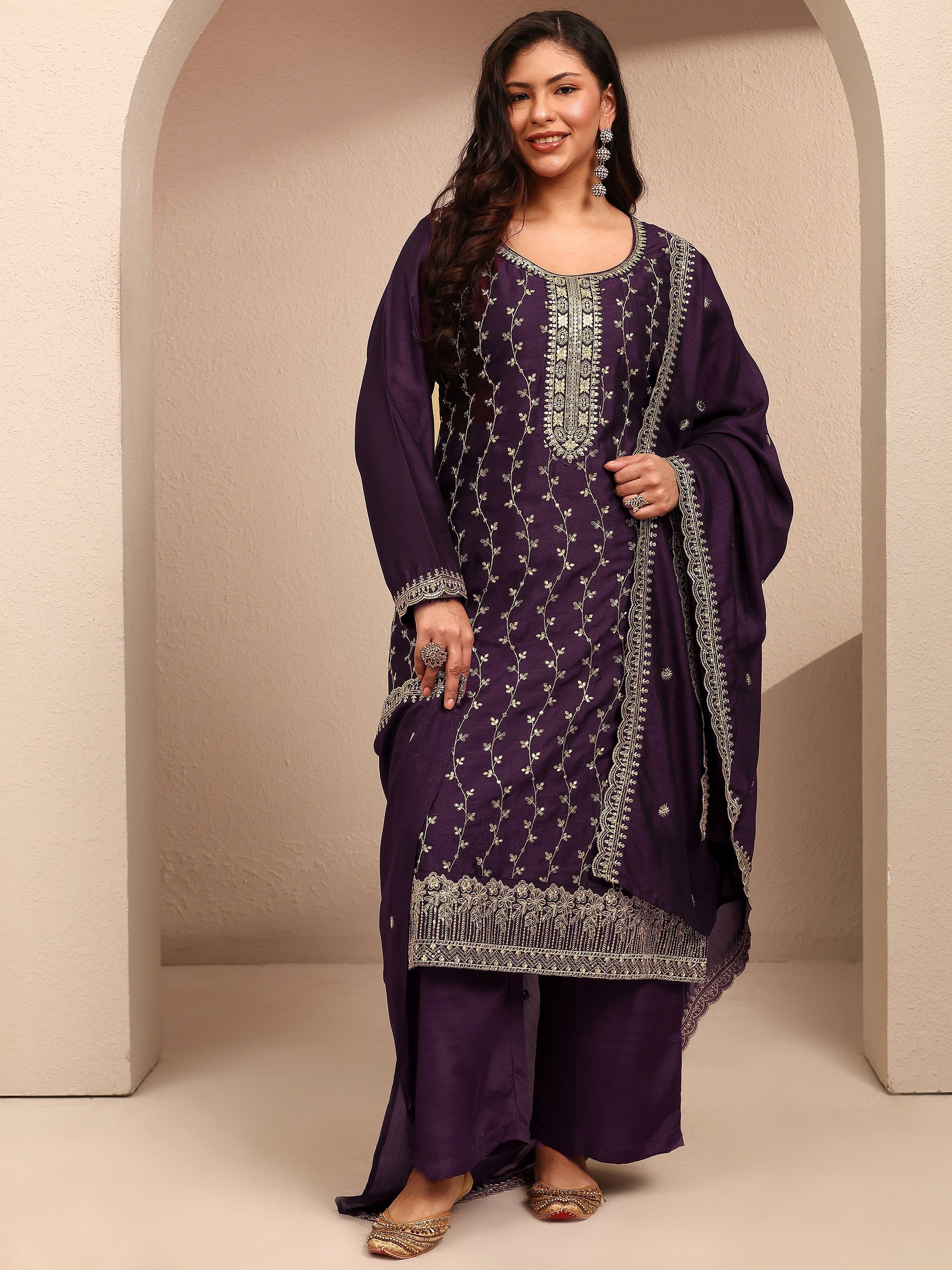 libas Plus Size Burgundy Embroidered Plus Size Clothing Silk Blend Straight Suit Set With Dupatta-picture-19