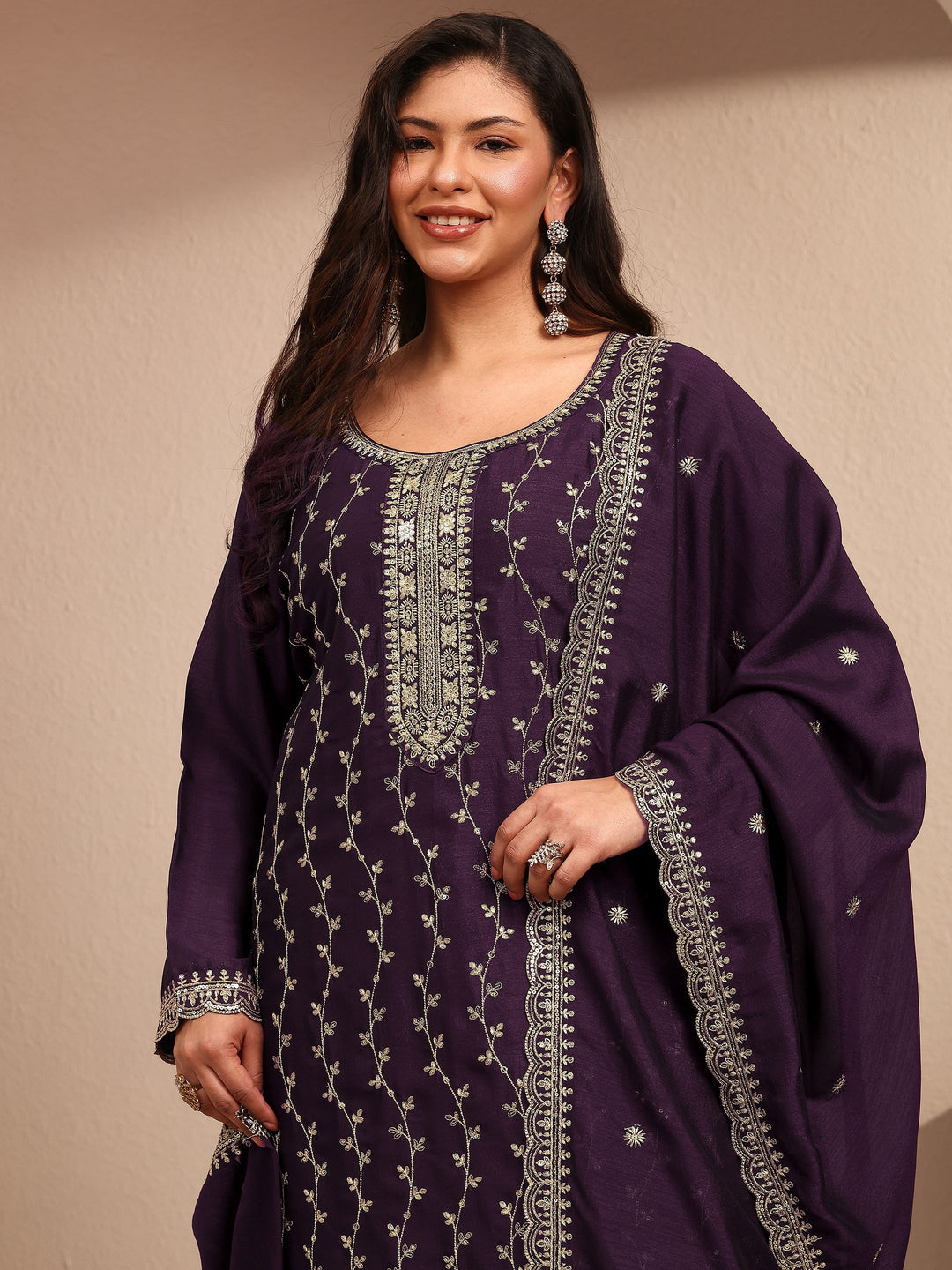  Plus Size Burgundy Embroidered Plus Size Clothing Silk Blend Straight Suit Set With Dupatta 